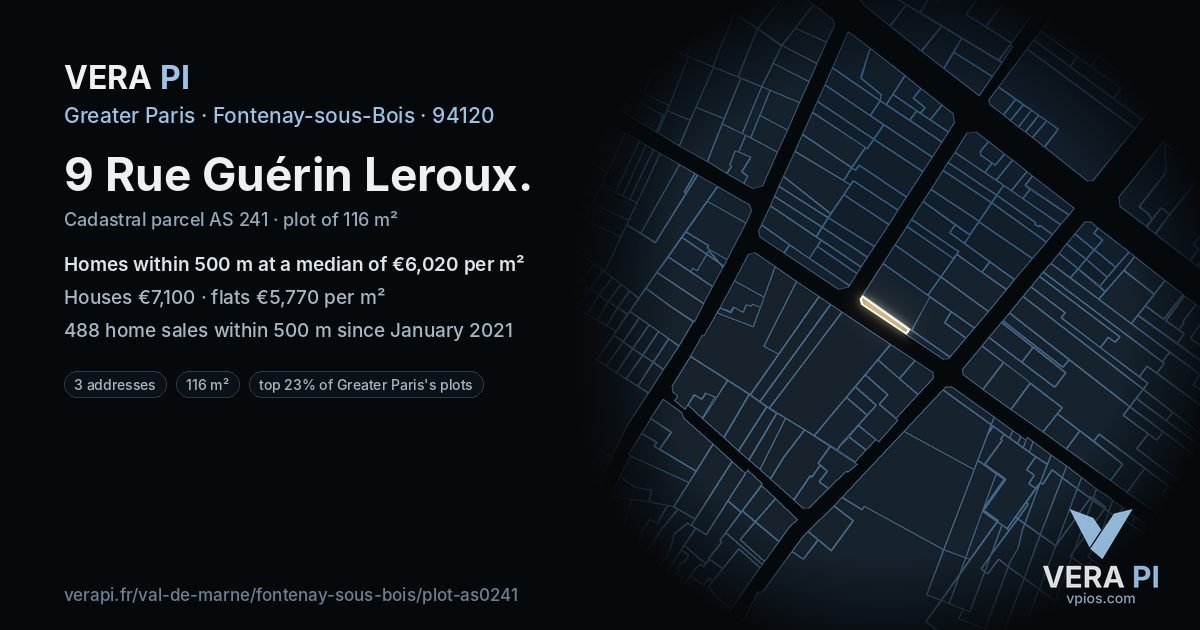 9 Rue Guérin Leroux, Fontenay-sous-Bois at night – the plot lit, the parcels around coloured by the prices near them