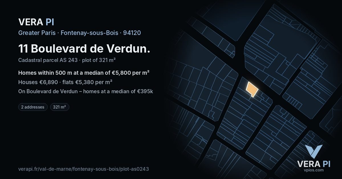 11 Boulevard de Verdun, Fontenay-sous-Bois at night – the plot lit, the parcels around coloured by the prices near them