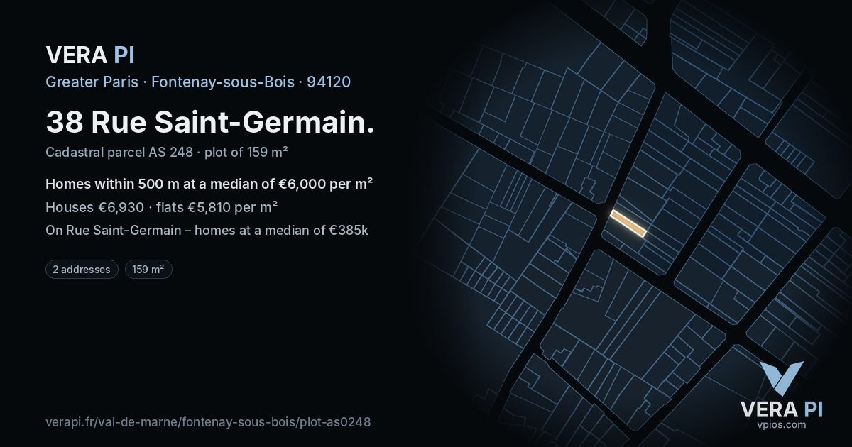 38 Rue Saint-Germain, Fontenay-sous-Bois at night – the plot lit, the parcels around coloured by the prices near them