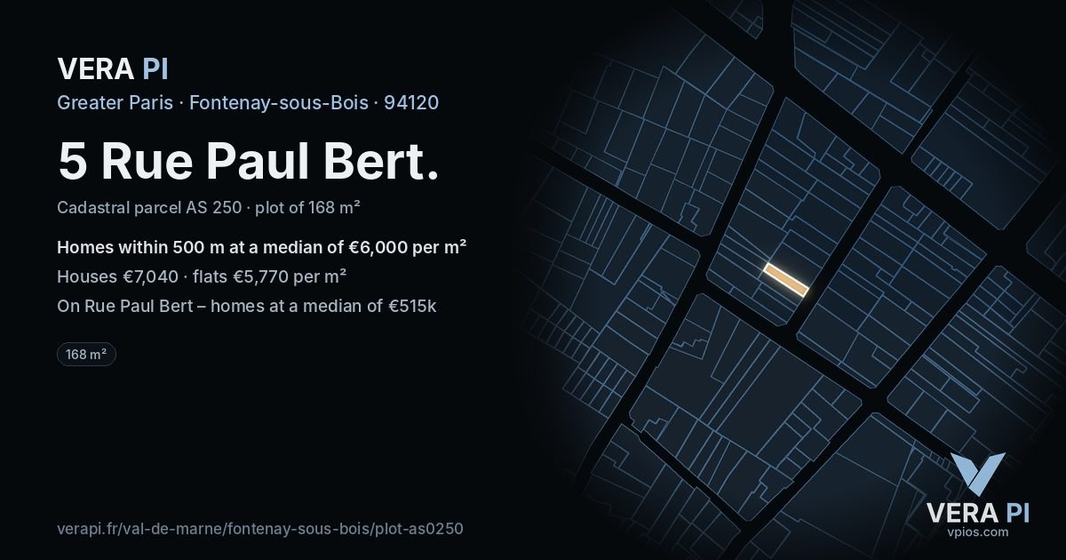 5 Rue Paul Bert, Fontenay-sous-Bois at night – the plot lit, the parcels around coloured by the prices near them
