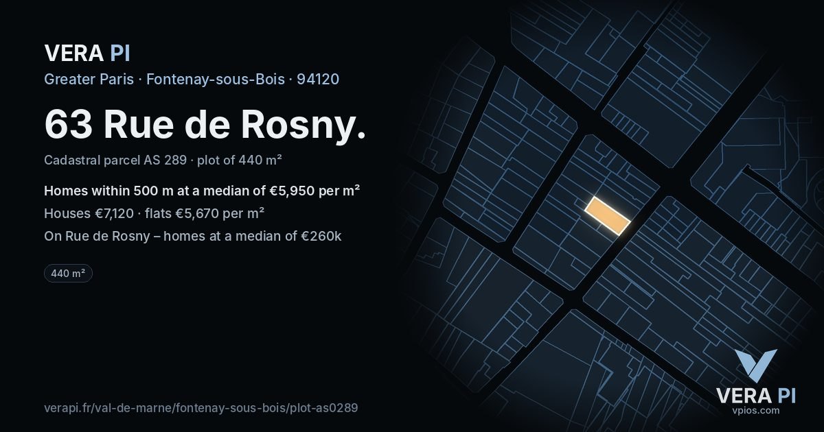 63 Rue de Rosny, Fontenay-sous-Bois at night – the plot lit, the parcels around coloured by the prices near them