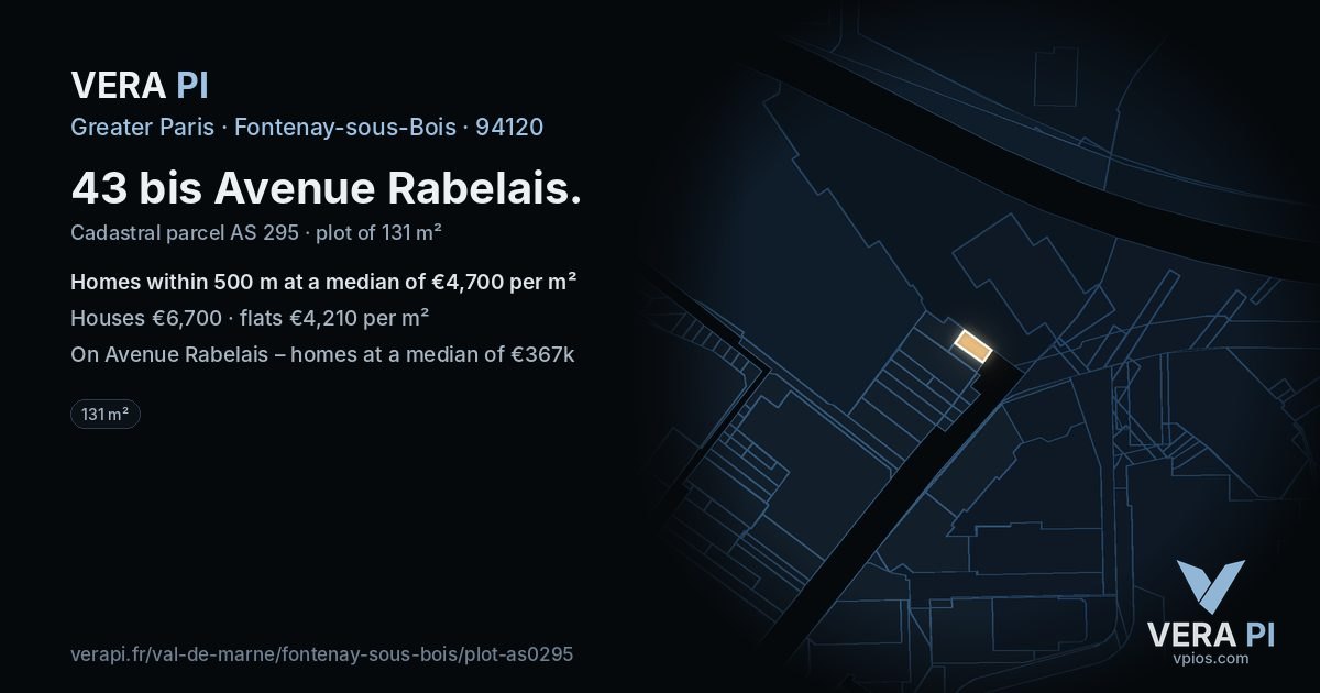 43 bis Avenue Rabelais, Fontenay-sous-Bois at night – the plot lit, the parcels around coloured by the prices near them