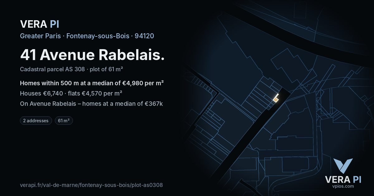41 Avenue Rabelais, Fontenay-sous-Bois at night – the plot lit, the parcels around coloured by the prices near them