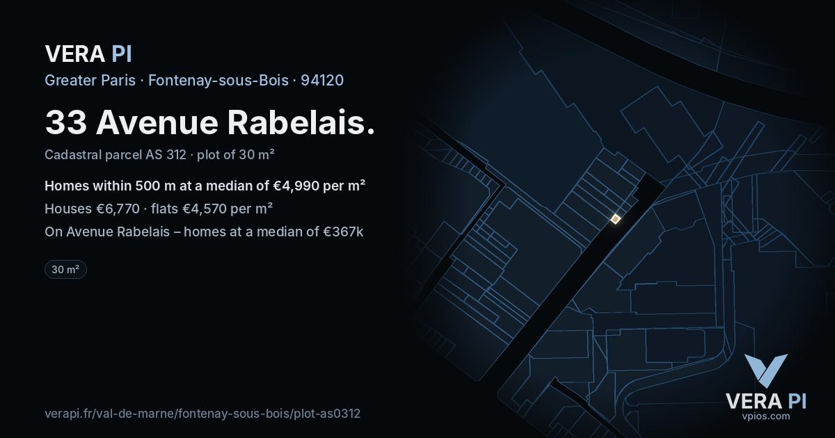 33 Avenue Rabelais, Fontenay-sous-Bois at night – the plot lit, the parcels around coloured by the prices near them