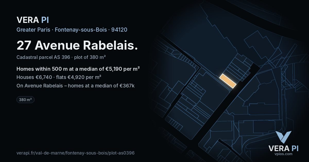 27 Avenue Rabelais, Fontenay-sous-Bois at night – the plot lit, the parcels around coloured by the prices near them