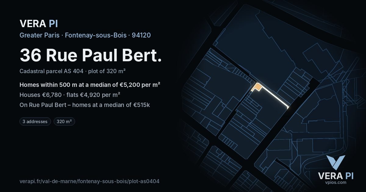 36 Rue Paul Bert, Fontenay-sous-Bois at night – the plot lit, the parcels around coloured by the prices near them