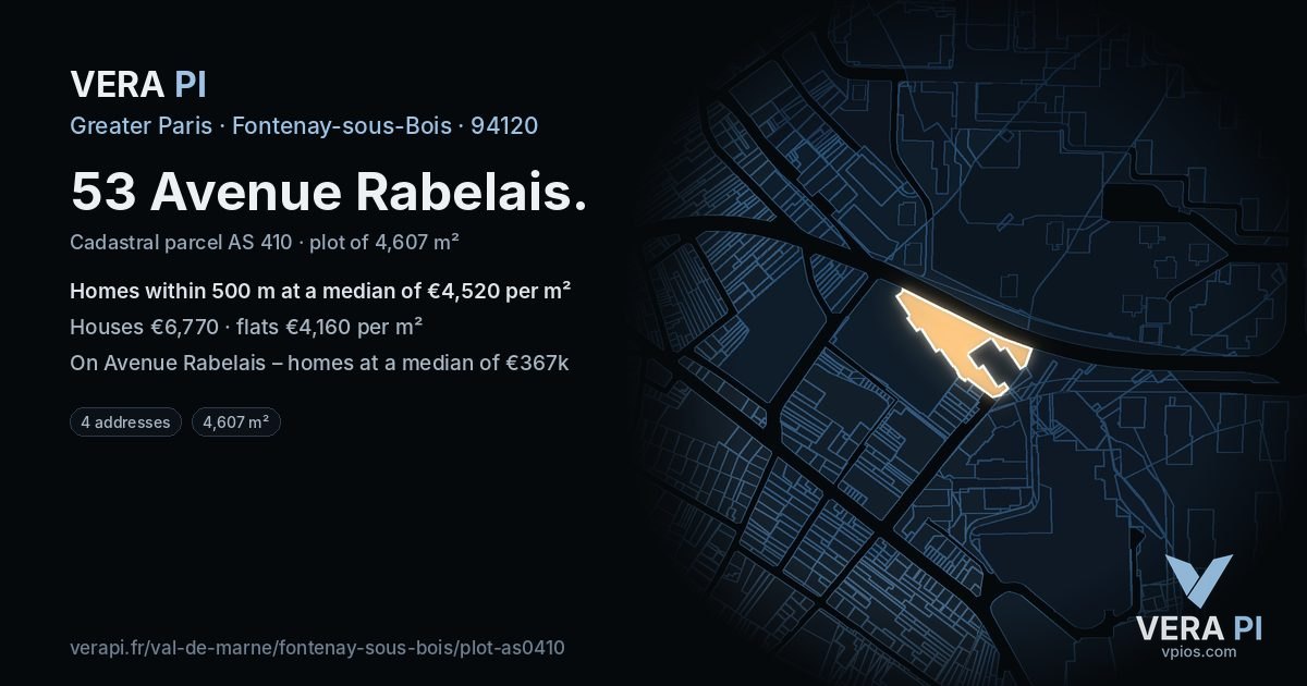 53 Avenue Rabelais, Fontenay-sous-Bois at night – the plot lit, the parcels around coloured by the prices near them