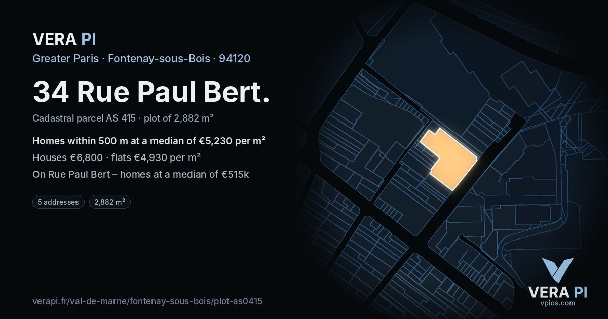34 Rue Paul Bert, Fontenay-sous-Bois at night – the plot lit, the parcels around coloured by the prices near them