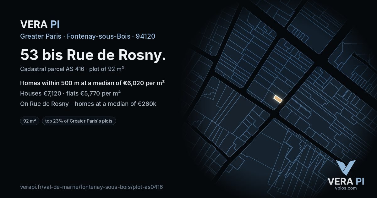 53 bis Rue de Rosny, Fontenay-sous-Bois at night – the plot lit, the parcels around coloured by the prices near them