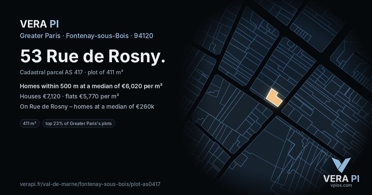 53 Rue de Rosny, Fontenay-sous-Bois at night – the plot lit, the parcels around coloured by the prices near them
