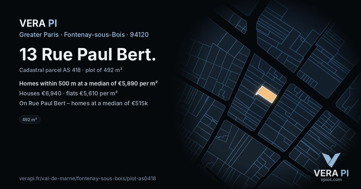13 Rue Paul Bert, Fontenay-sous-Bois at night – the plot lit, the parcels around coloured by the prices near them