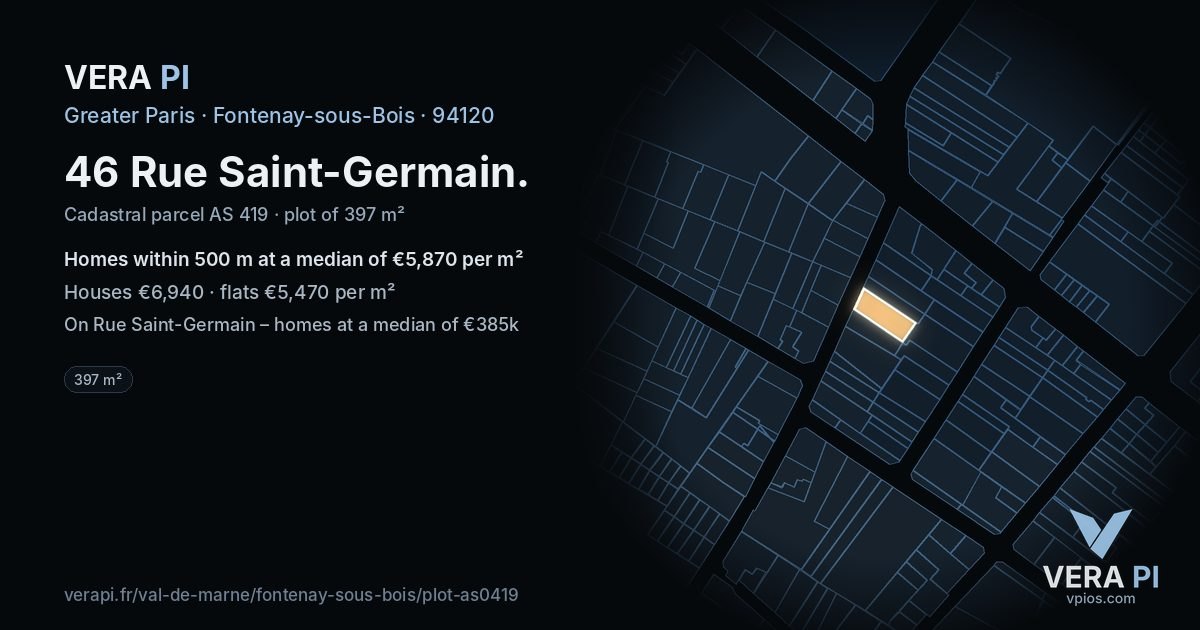 46 Rue Saint-Germain, Fontenay-sous-Bois at night – the plot lit, the parcels around coloured by the prices near them