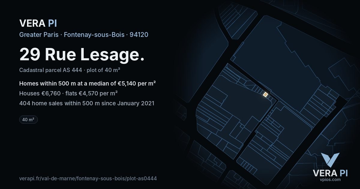 29 Rue Lesage, Fontenay-sous-Bois at night – the plot lit, the parcels around coloured by the prices near them