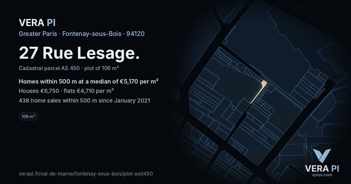 27 Rue Lesage, Fontenay-sous-Bois at night – the plot lit, the parcels around coloured by the prices near them