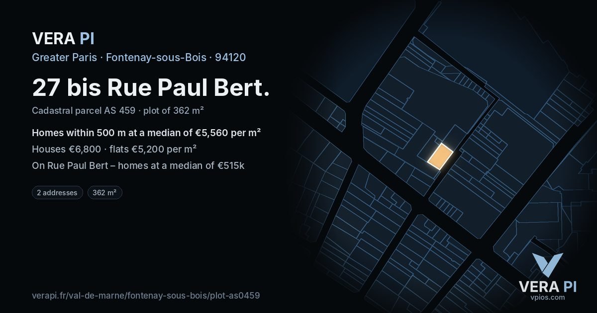 27 bis Rue Paul Bert, Fontenay-sous-Bois at night – the plot lit, the parcels around coloured by the prices near them