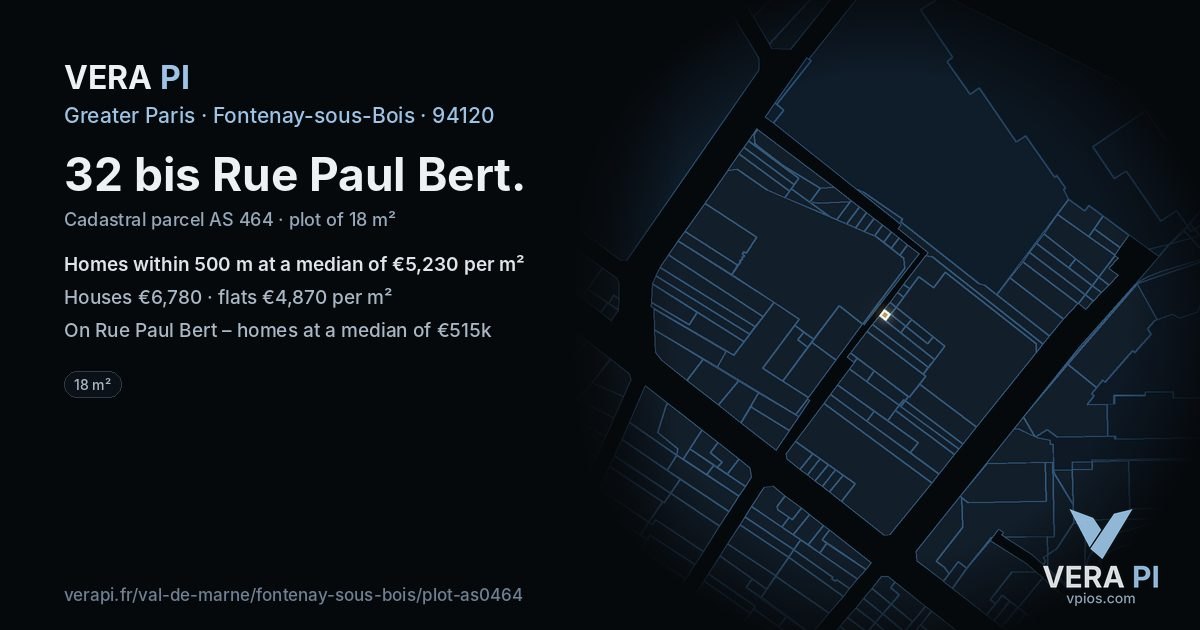 32 bis Rue Paul Bert, Fontenay-sous-Bois at night – the plot lit, the parcels around coloured by the prices near them