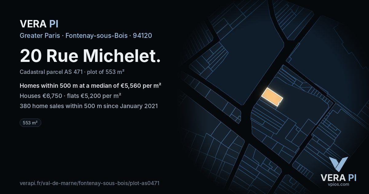20 Rue Michelet, Fontenay-sous-Bois at night – the plot lit, the parcels around coloured by the prices near them