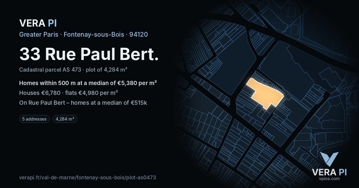 33 Rue Paul Bert, Fontenay-sous-Bois at night – the plot lit, the parcels around coloured by the prices near them