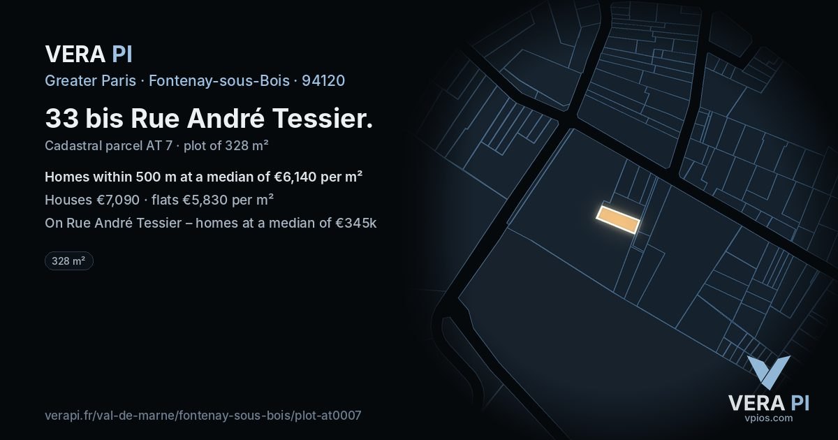 33 bis Rue André Tessier, Fontenay-sous-Bois at night – the plot lit, the parcels around coloured by the prices near them