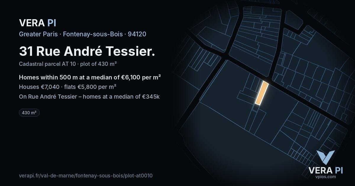 31 Rue André Tessier, Fontenay-sous-Bois at night – the plot lit, the parcels around coloured by the prices near them