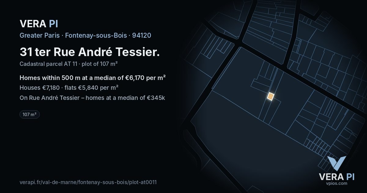 31 ter Rue André Tessier, Fontenay-sous-Bois at night – the plot lit, the parcels around coloured by the prices near them