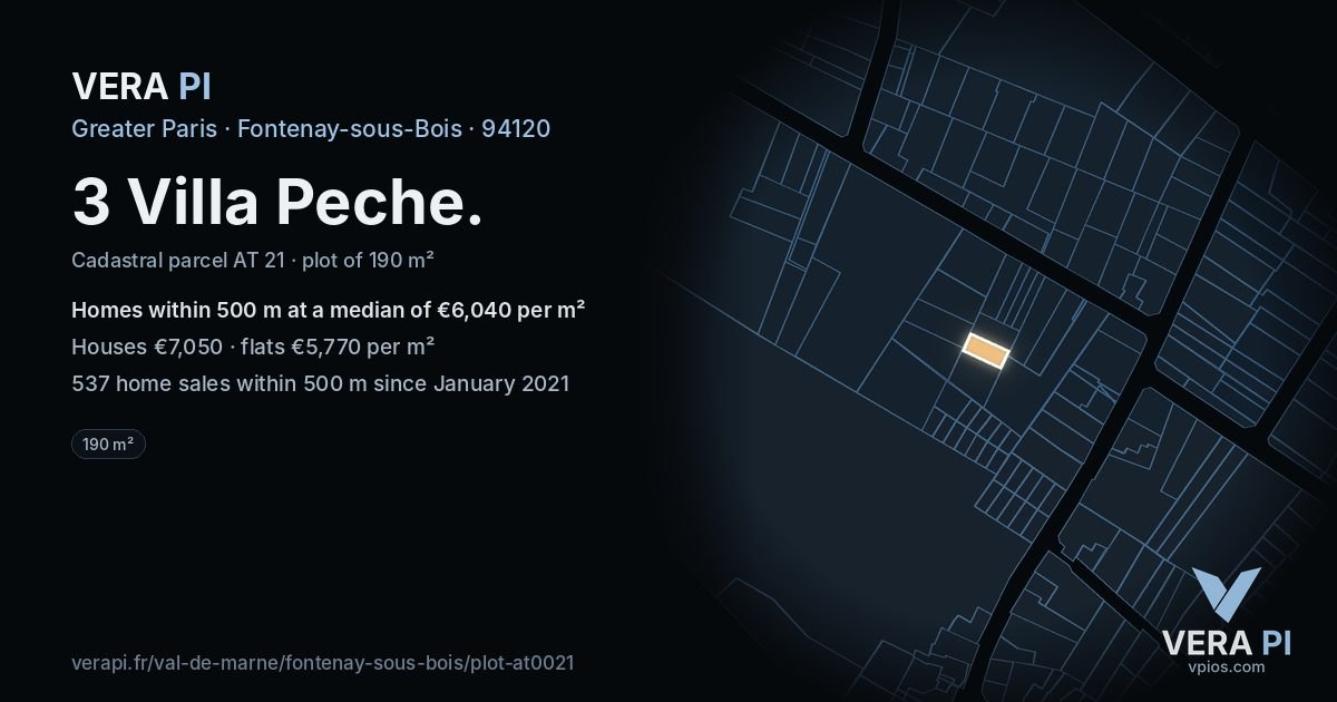 3 Villa Peche, Fontenay-sous-Bois at night – the plot lit, the parcels around coloured by the prices near them