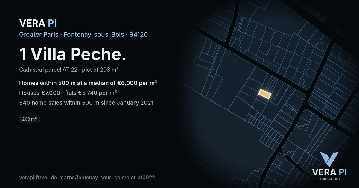 1 Villa Peche, Fontenay-sous-Bois at night – the plot lit, the parcels around coloured by the prices near them