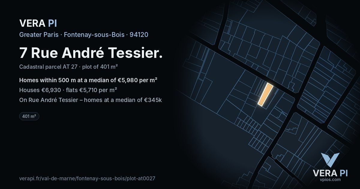 7 Rue André Tessier, Fontenay-sous-Bois at night – the plot lit, the parcels around coloured by the prices near them