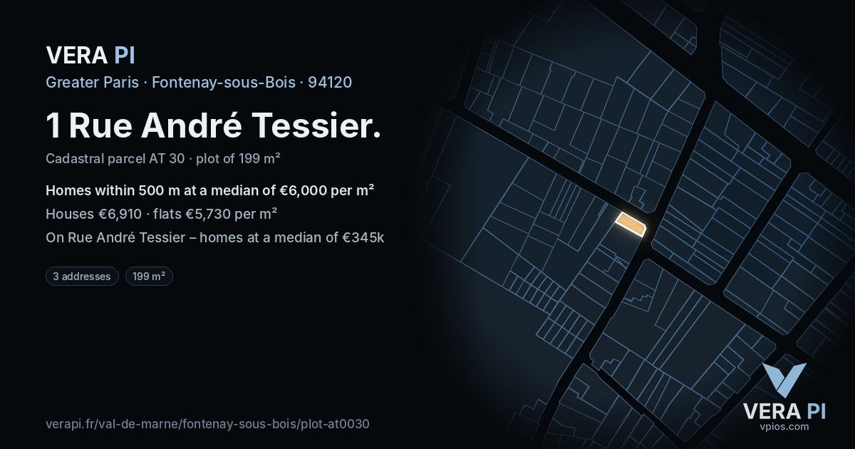 1 Rue André Tessier, Fontenay-sous-Bois at night – the plot lit, the parcels around coloured by the prices near them