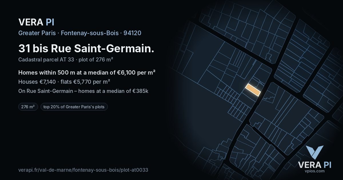 31 bis Rue Saint-Germain, Fontenay-sous-Bois at night – the plot lit, the parcels around coloured by the prices near them