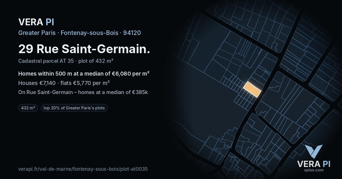 29 Rue Saint-Germain, Fontenay-sous-Bois at night – the plot lit, the parcels around coloured by the prices near them