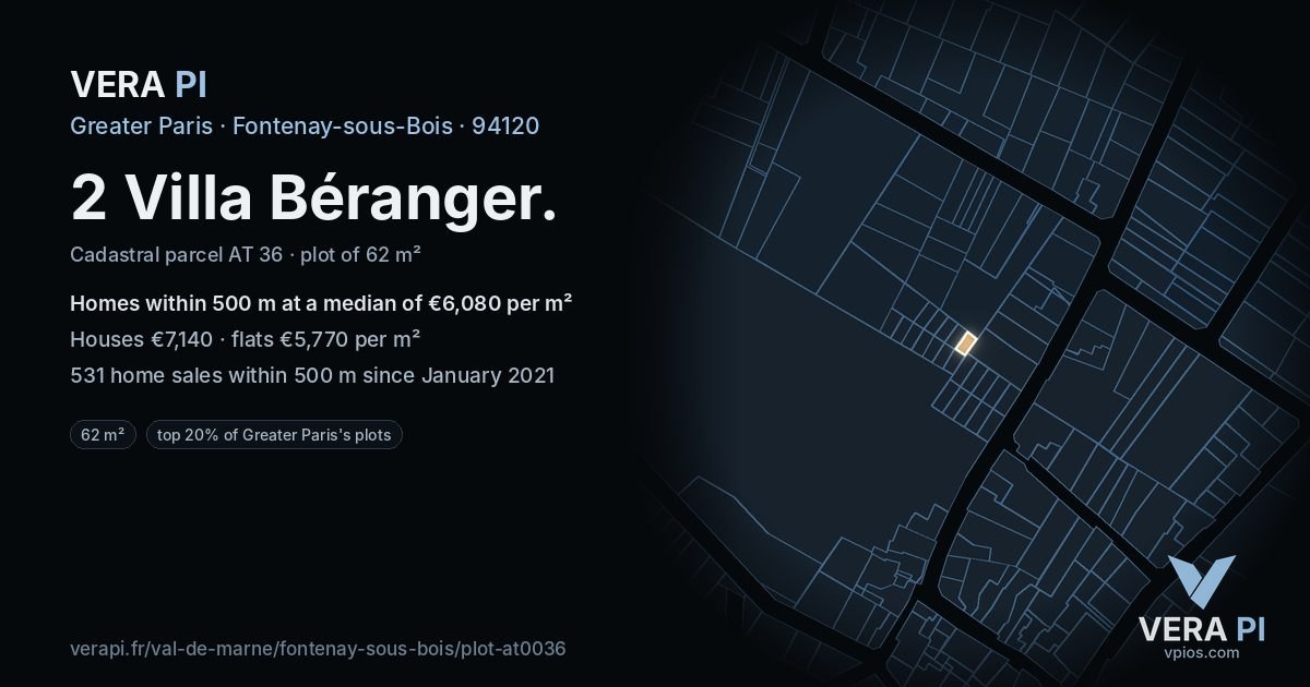 2 Villa Béranger, Fontenay-sous-Bois at night – the plot lit, the parcels around coloured by the prices near them