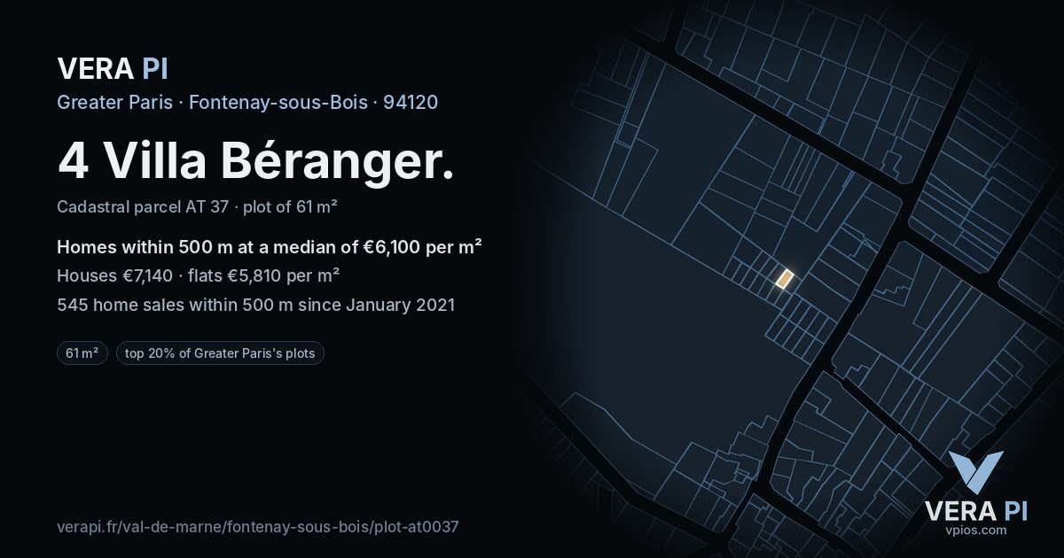 4 Villa Béranger, Fontenay-sous-Bois at night – the plot lit, the parcels around coloured by the prices near them
