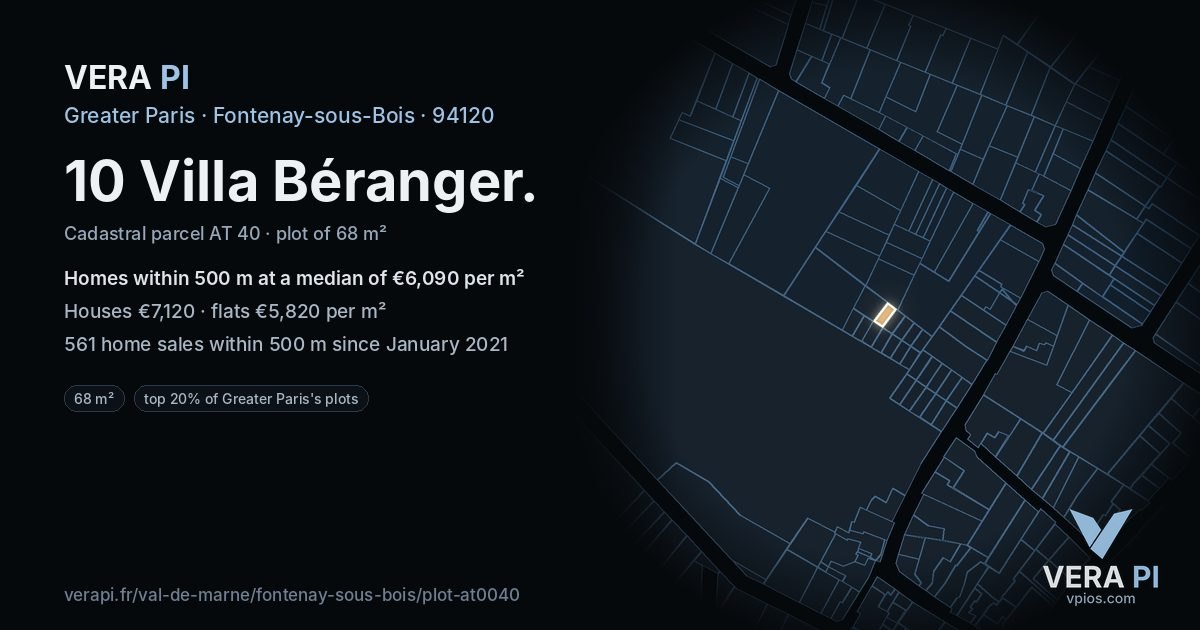 10 Villa Béranger, Fontenay-sous-Bois at night – the plot lit, the parcels around coloured by the prices near them