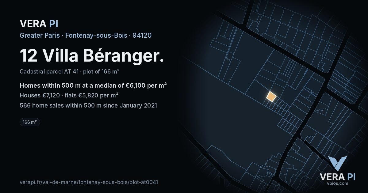 12 Villa Béranger, Fontenay-sous-Bois at night – the plot lit, the parcels around coloured by the prices near them