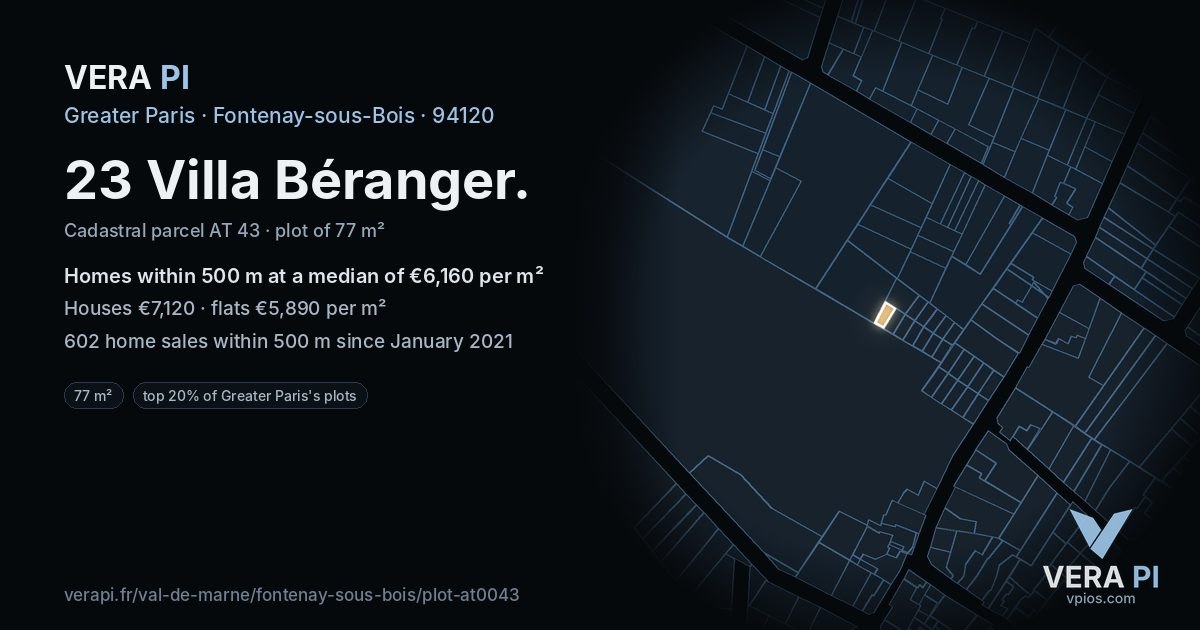 23 Villa Béranger, Fontenay-sous-Bois at night – the plot lit, the parcels around coloured by the prices near them