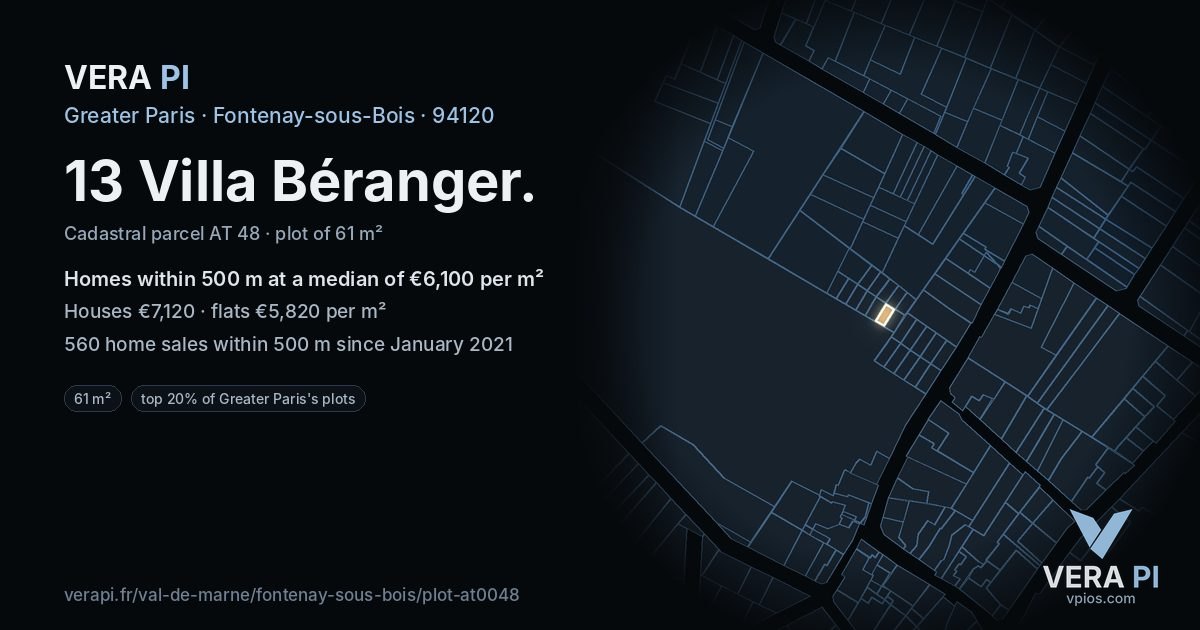 13 Villa Béranger, Fontenay-sous-Bois at night – the plot lit, the parcels around coloured by the prices near them