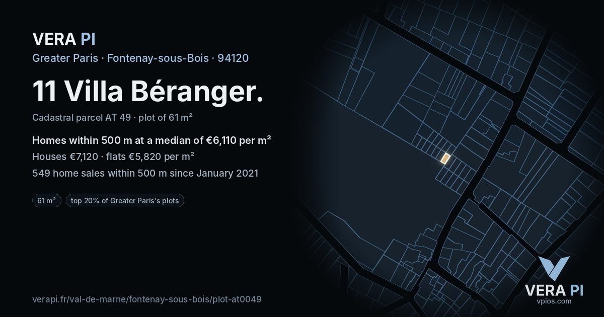 11 Villa Béranger, Fontenay-sous-Bois at night – the plot lit, the parcels around coloured by the prices near them