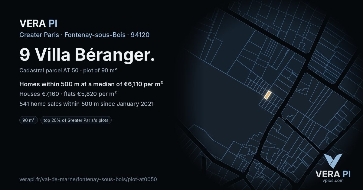9 Villa Béranger, Fontenay-sous-Bois at night – the plot lit, the parcels around coloured by the prices near them