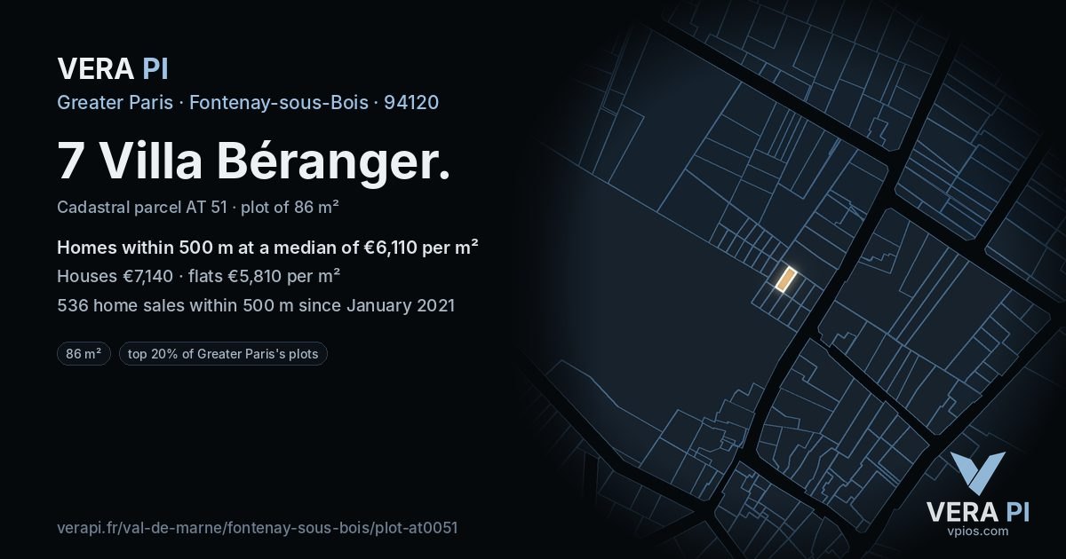 7 Villa Béranger, Fontenay-sous-Bois at night – the plot lit, the parcels around coloured by the prices near them