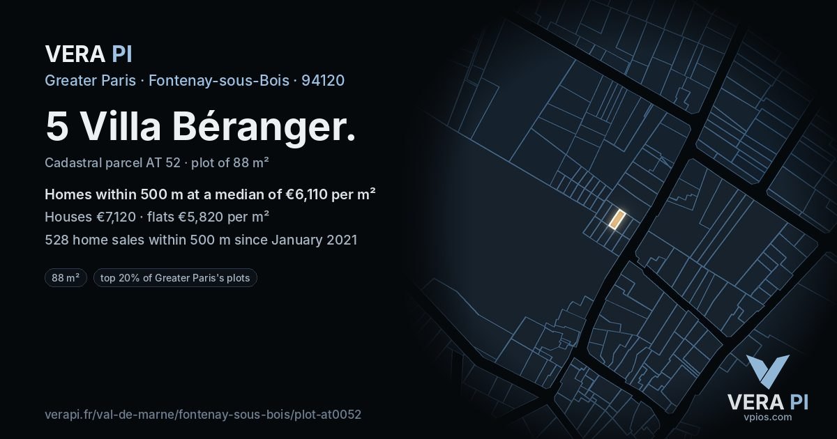 5 Villa Béranger, Fontenay-sous-Bois at night – the plot lit, the parcels around coloured by the prices near them