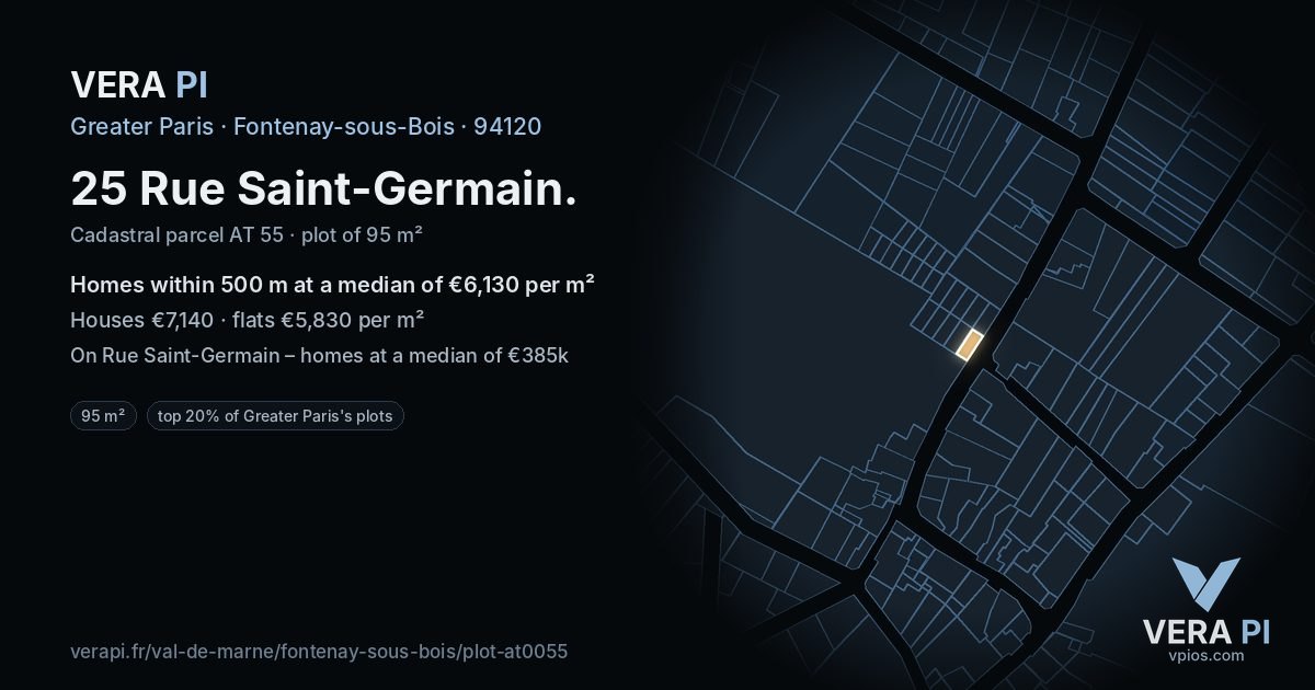 25 Rue Saint-Germain, Fontenay-sous-Bois at night – the plot lit, the parcels around coloured by the prices near them