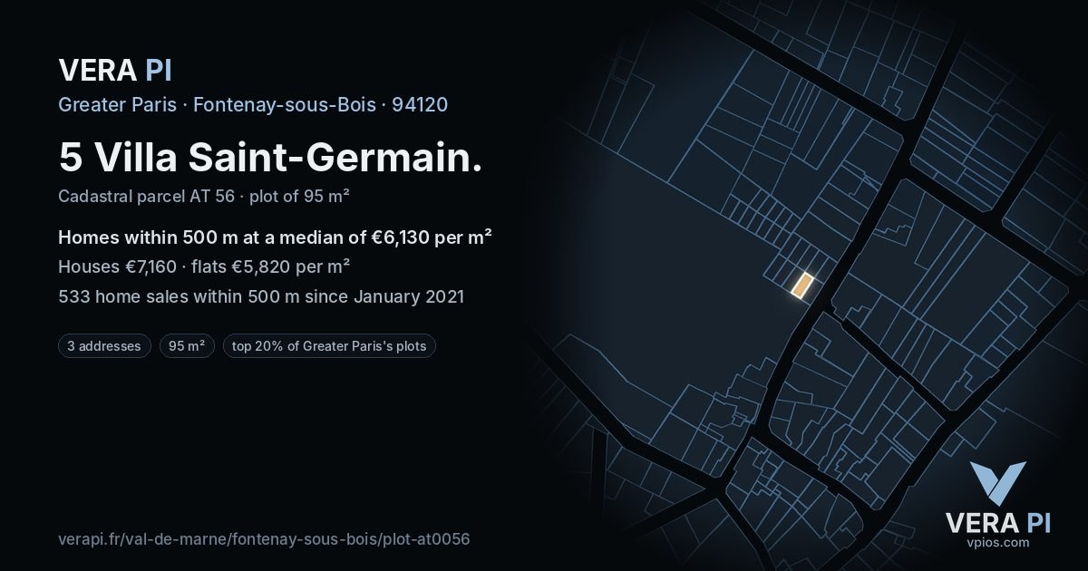 5 Villa Saint-Germain, Fontenay-sous-Bois at night – the plot lit, the parcels around coloured by the prices near them