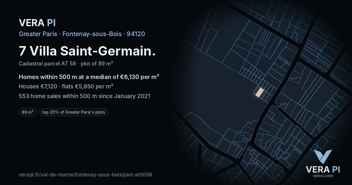 7 Villa Saint-Germain, Fontenay-sous-Bois at night – the plot lit, the parcels around coloured by the prices near them