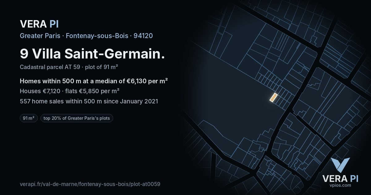 9 Villa Saint-Germain, Fontenay-sous-Bois at night – the plot lit, the parcels around coloured by the prices near them