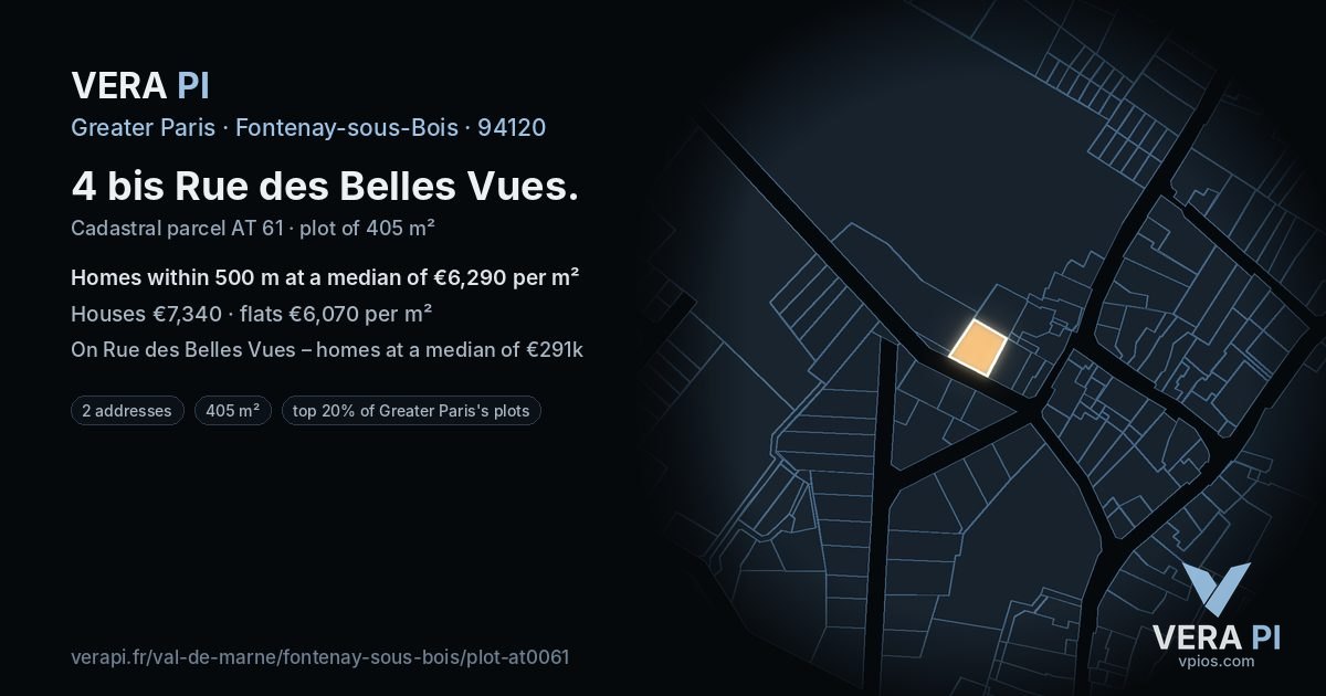 4 bis Rue des Belles Vues, Fontenay-sous-Bois at night – the plot lit, the parcels around coloured by the prices near them