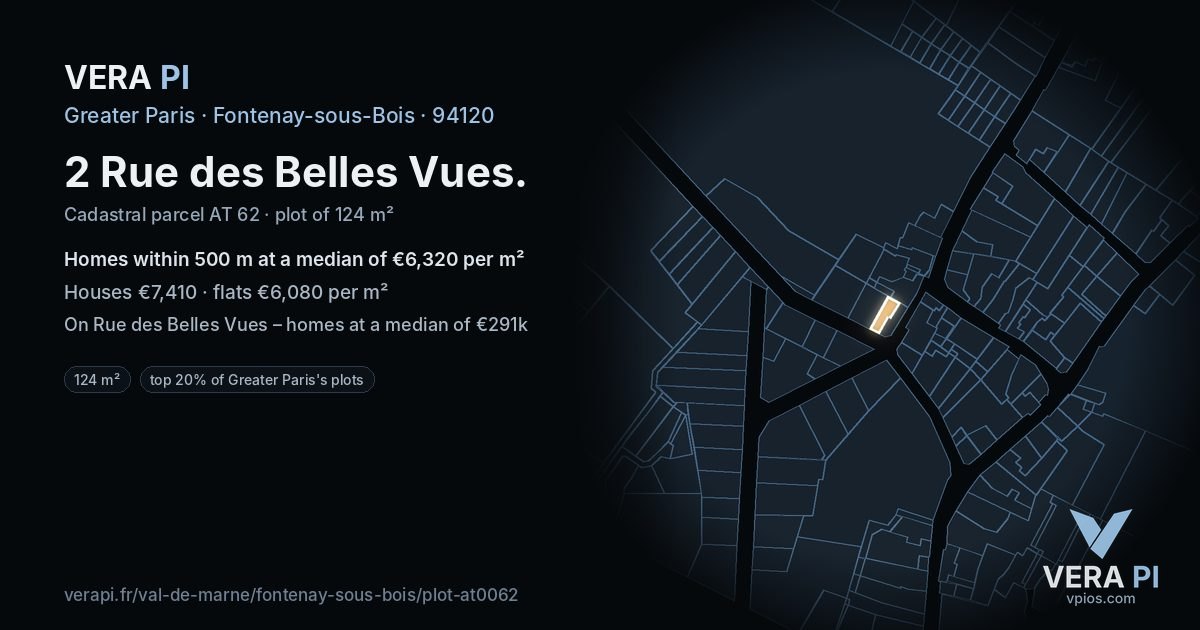 2 Rue des Belles Vues, Fontenay-sous-Bois at night – the plot lit, the parcels around coloured by the prices near them