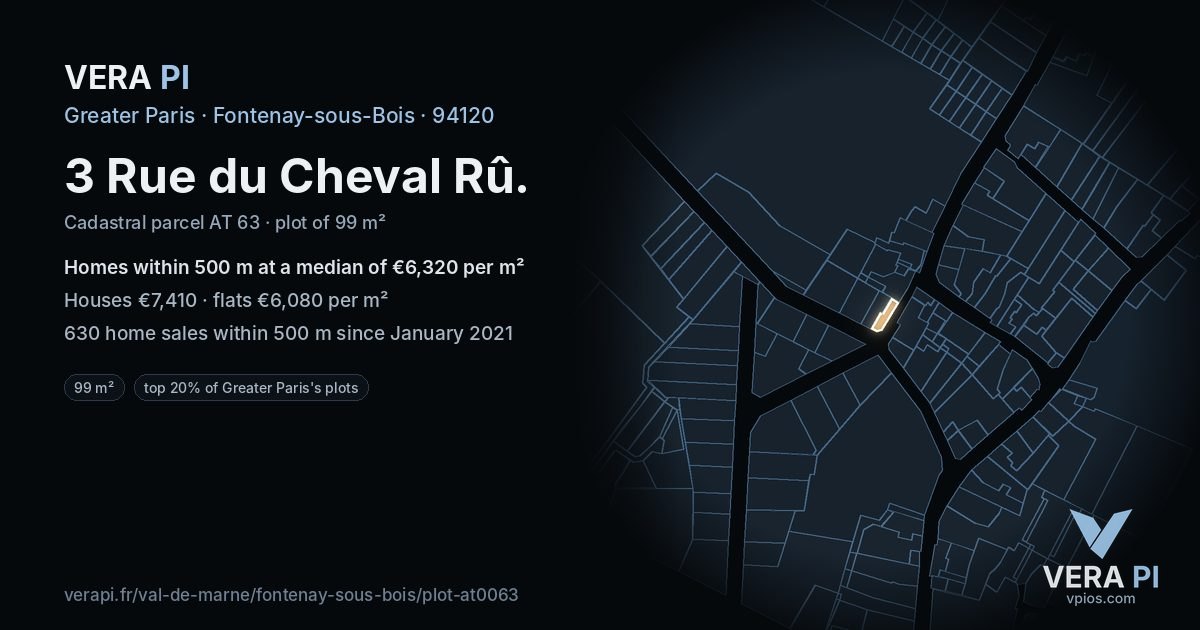 3 Rue du Cheval Rû, Fontenay-sous-Bois at night – the plot lit, the parcels around coloured by the prices near them