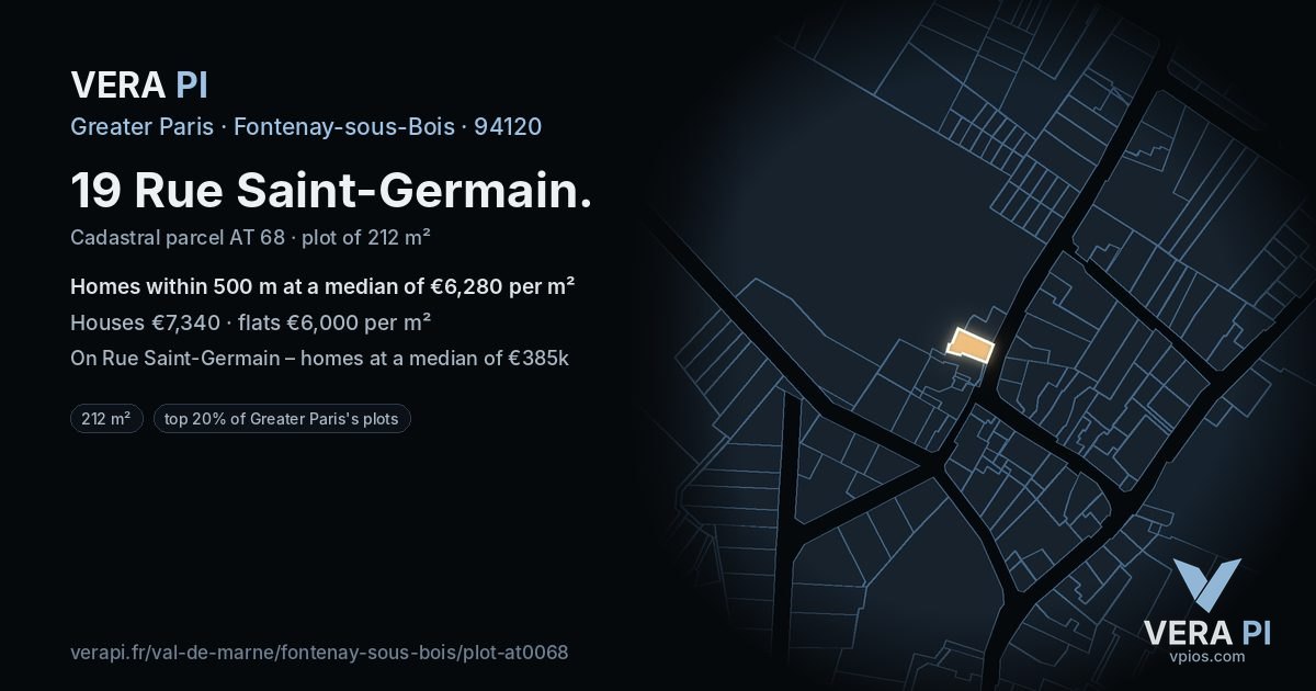 19 Rue Saint-Germain, Fontenay-sous-Bois at night – the plot lit, the parcels around coloured by the prices near them