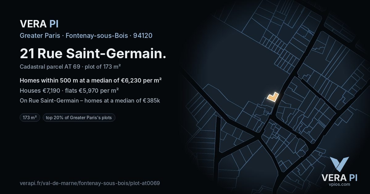 21 Rue Saint-Germain, Fontenay-sous-Bois at night – the plot lit, the parcels around coloured by the prices near them